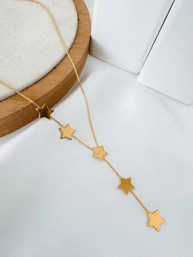 Colar Alongado Estrelas Lisas - Folheado Ouro 18k